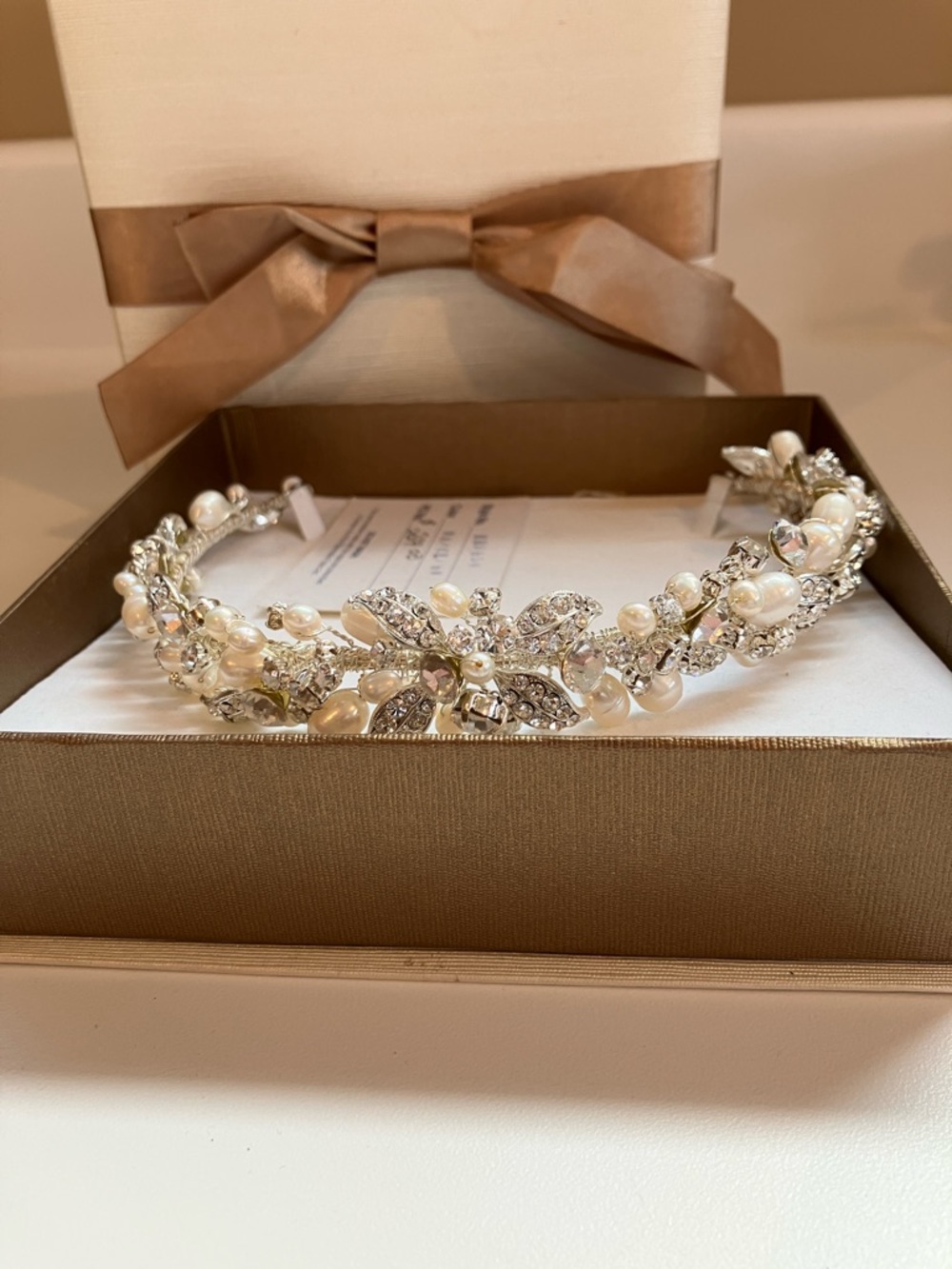 Pearl & Crystal Bridal Tiara Headband in Ivory and Silver